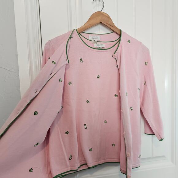 Christopher Banks Frog Cardigan Womens Medium Pink 2 Piece Sweater Y2K Preppy - Picture 4 of 10
